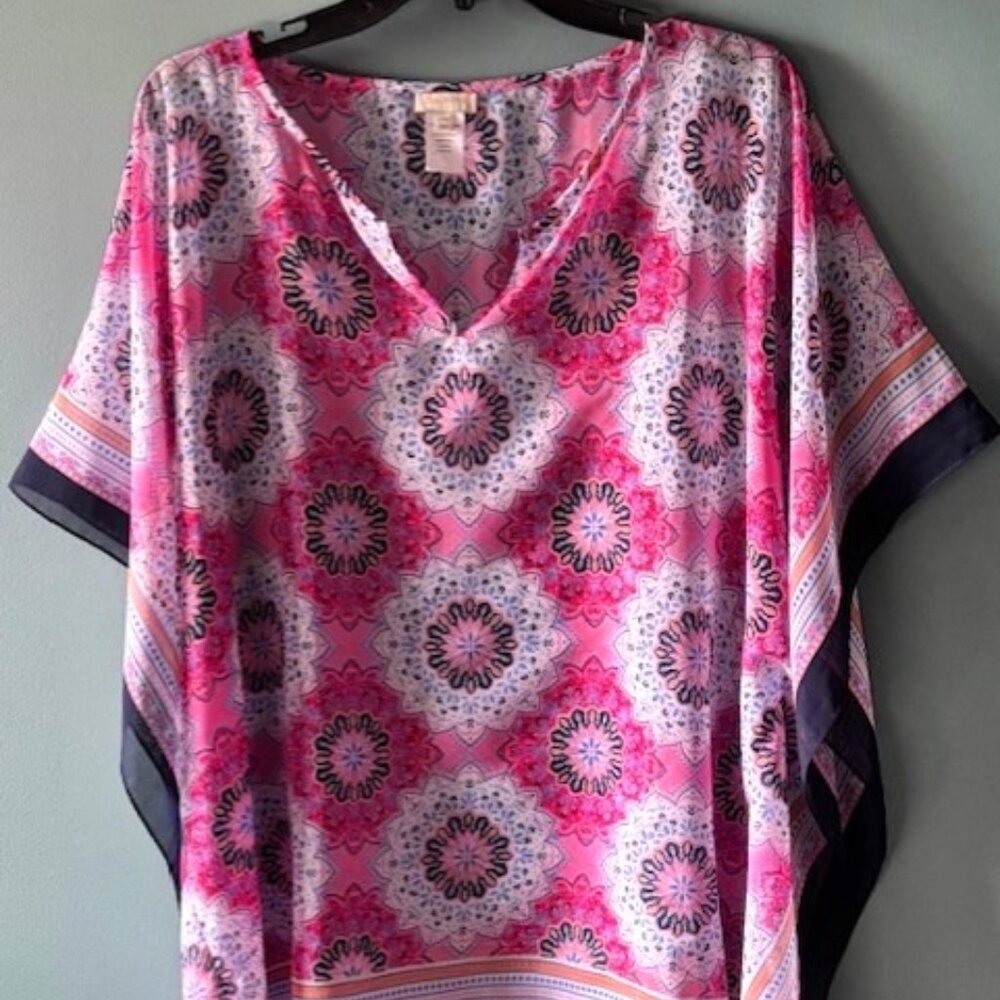 Talbots Womens Pink Navy Blue Lotus Floral Sheer V Neck Shawl Coverup L/XL